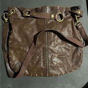 Fossil Vintage Brown Leather Tote Shoulder Bag with Gold Studs